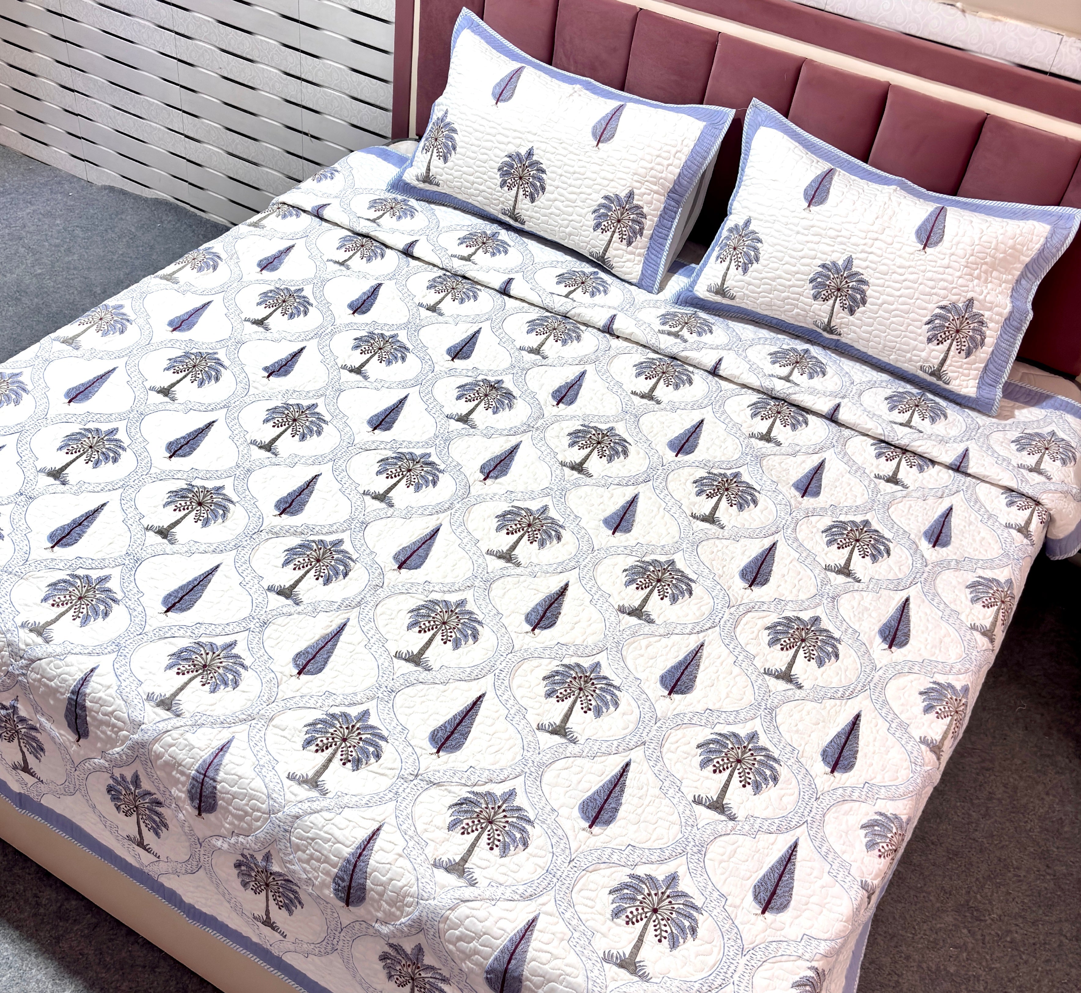 White Blue Palm Tree Quilted Bedcover | Cotton Bedspread | Hand Block Printed Handmade Bed Cover | Paisley Floral Bedding