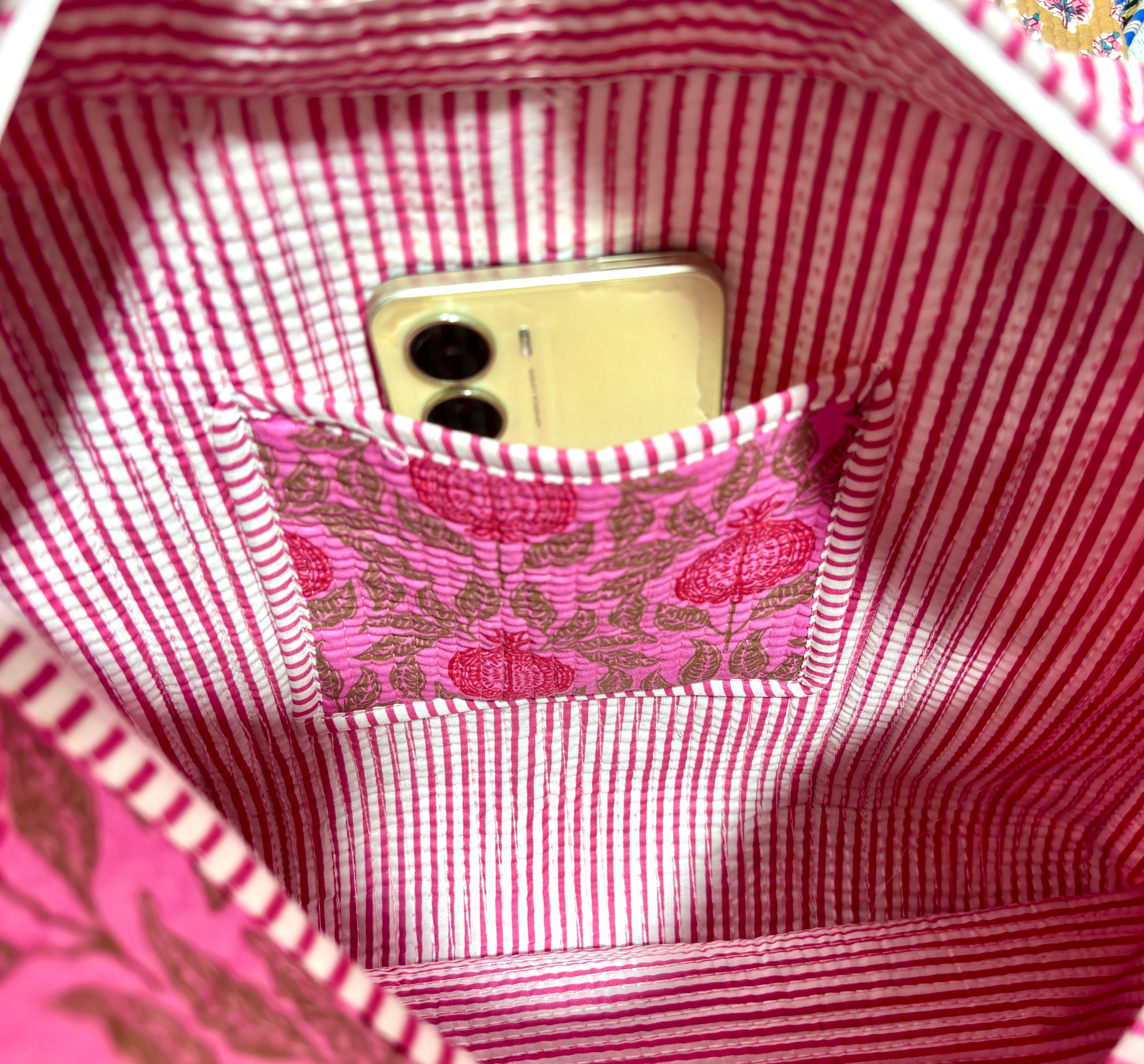 # Pink Floral Print Tote Bag | Pink Cotton Hand Block Printed Reusable Shopping Bag | Handmade Fabric Tote Bag