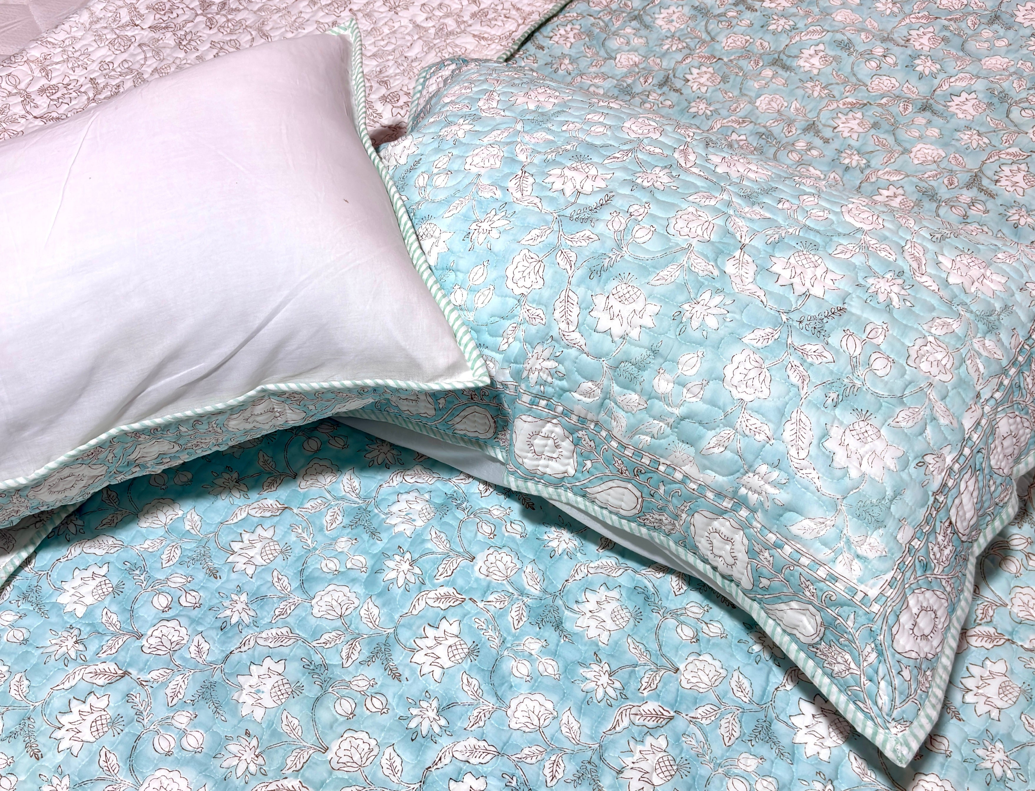 Hand Block Print Cotton Bedcover | Light Blue Floral Quilt | Reversible Jaipuri Bedspread | Handmade Cotton Bedding | Queen Bed Cover