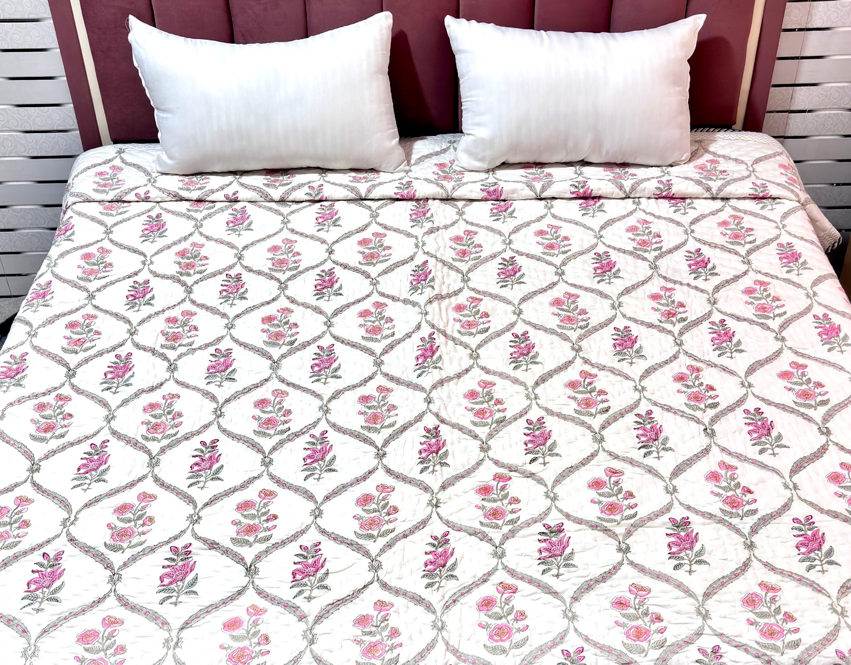 Floral Cotton Quilt | Pink Rose & Leaf Printed Bed Quilt | Traditional Indian Cotton Bedspread | Handmade Bedding