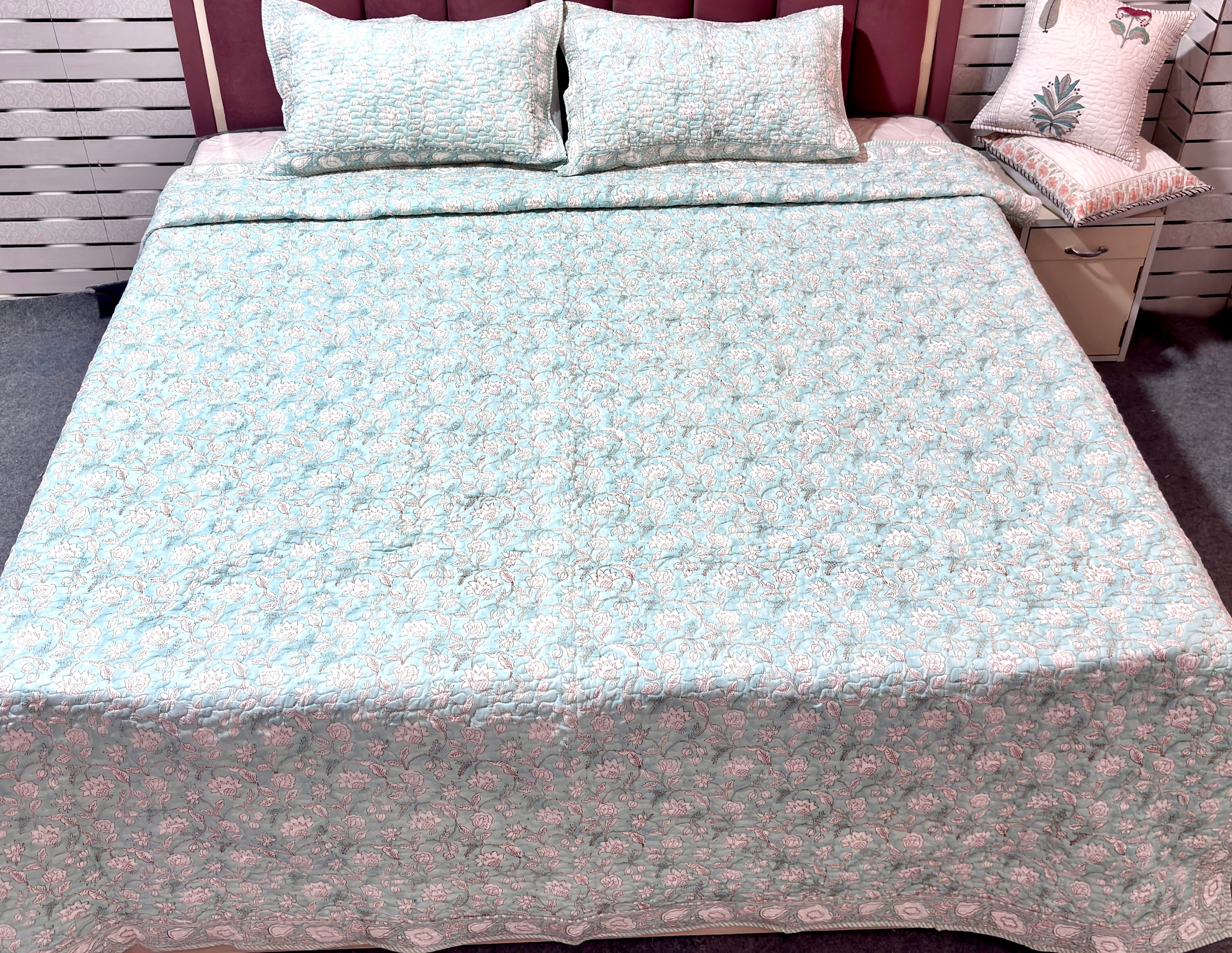 Hand Block Print Cotton Bedcover | Light Blue Floral Quilt | Reversible Jaipuri Bedspread | Handmade Cotton Bedding | Queen Bed Cover