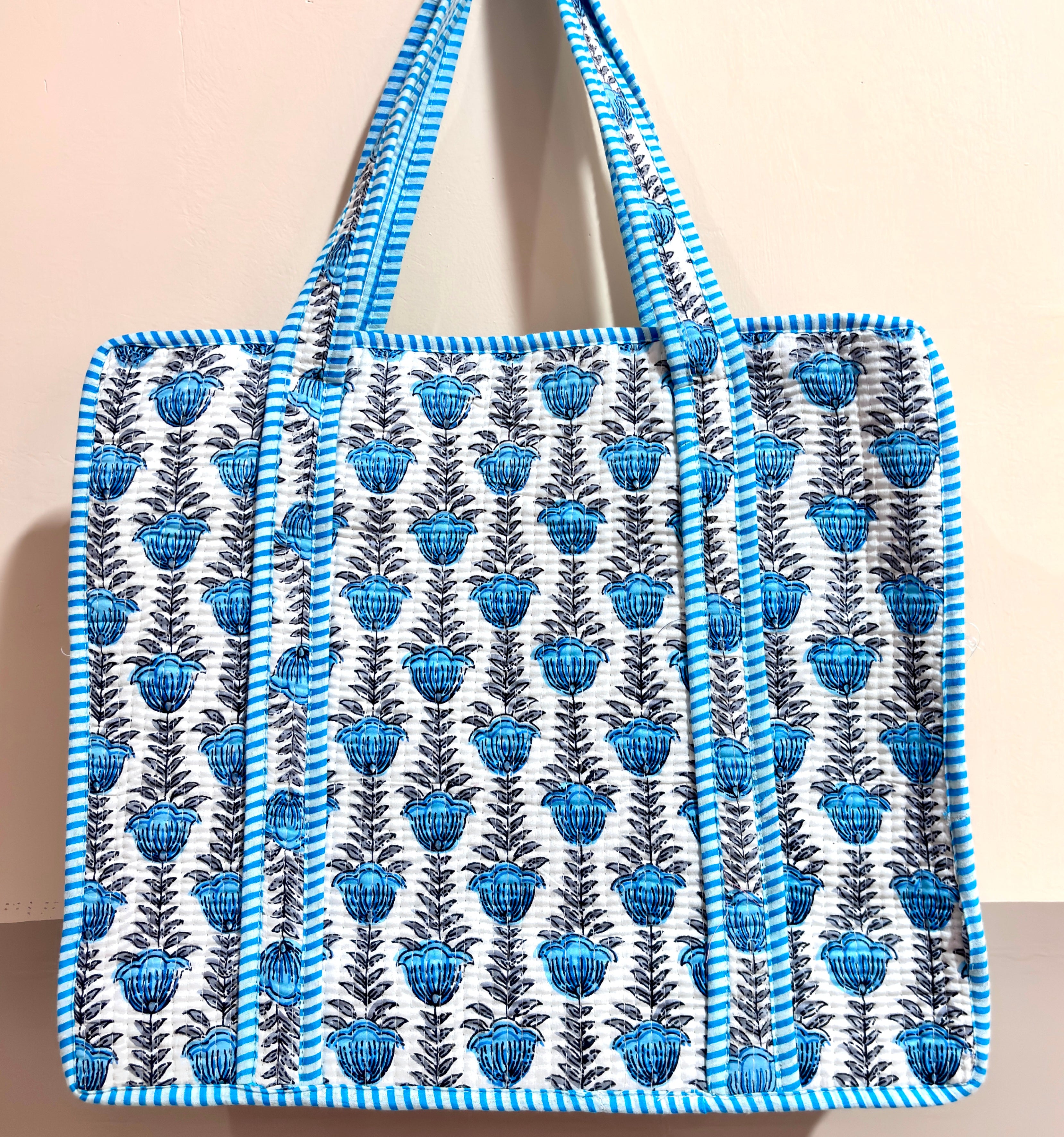Blue Floral Print Tote Bag Set | Blue White Cotton Tote Bags | Hand Block Printed Reusable Shopping Bags