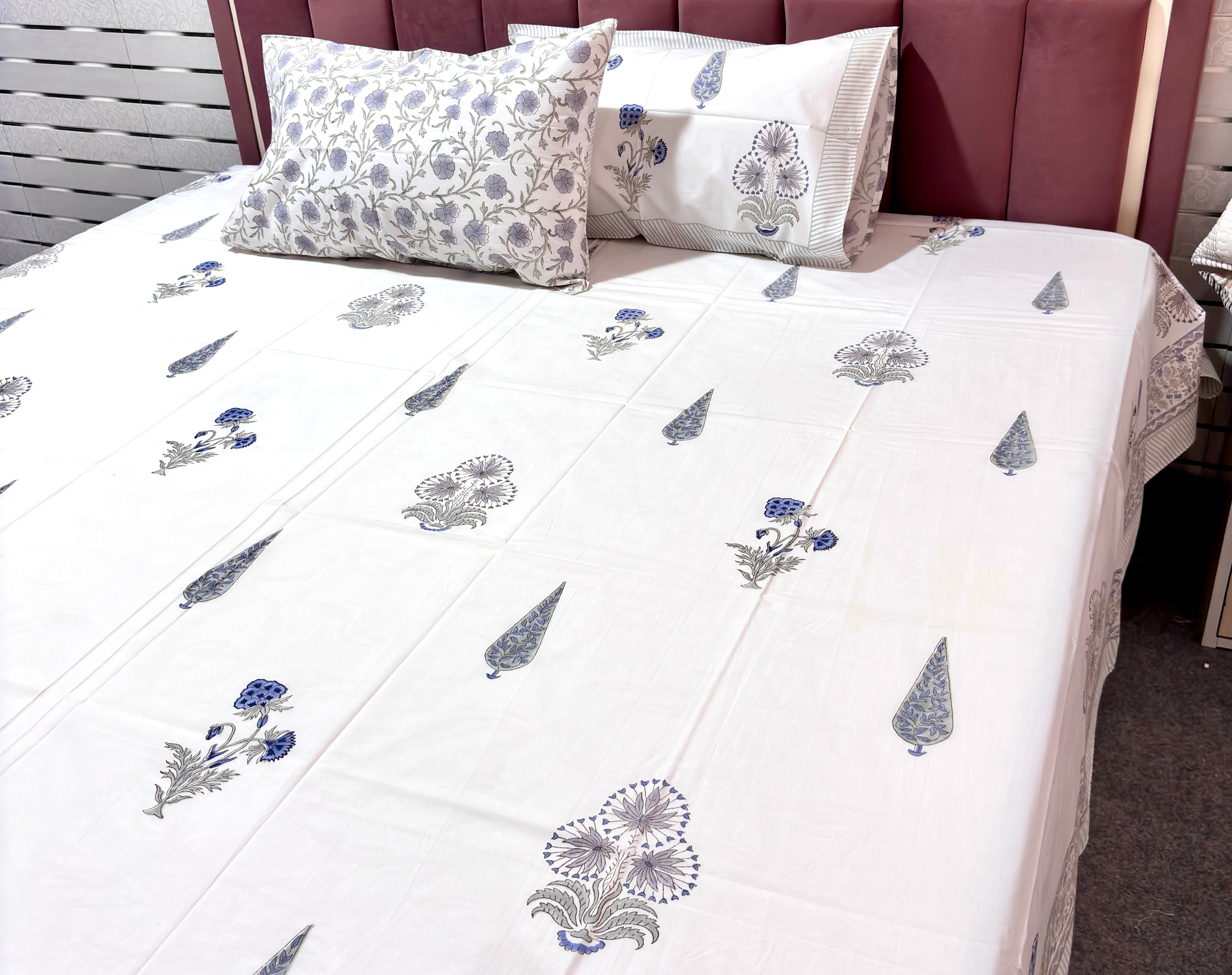 Hand Block Print Cotton Bedsheet Queen Size, Blue Floral Bedding Set, Handmade Indian Bed Linen, Luxury Bedroom Decor