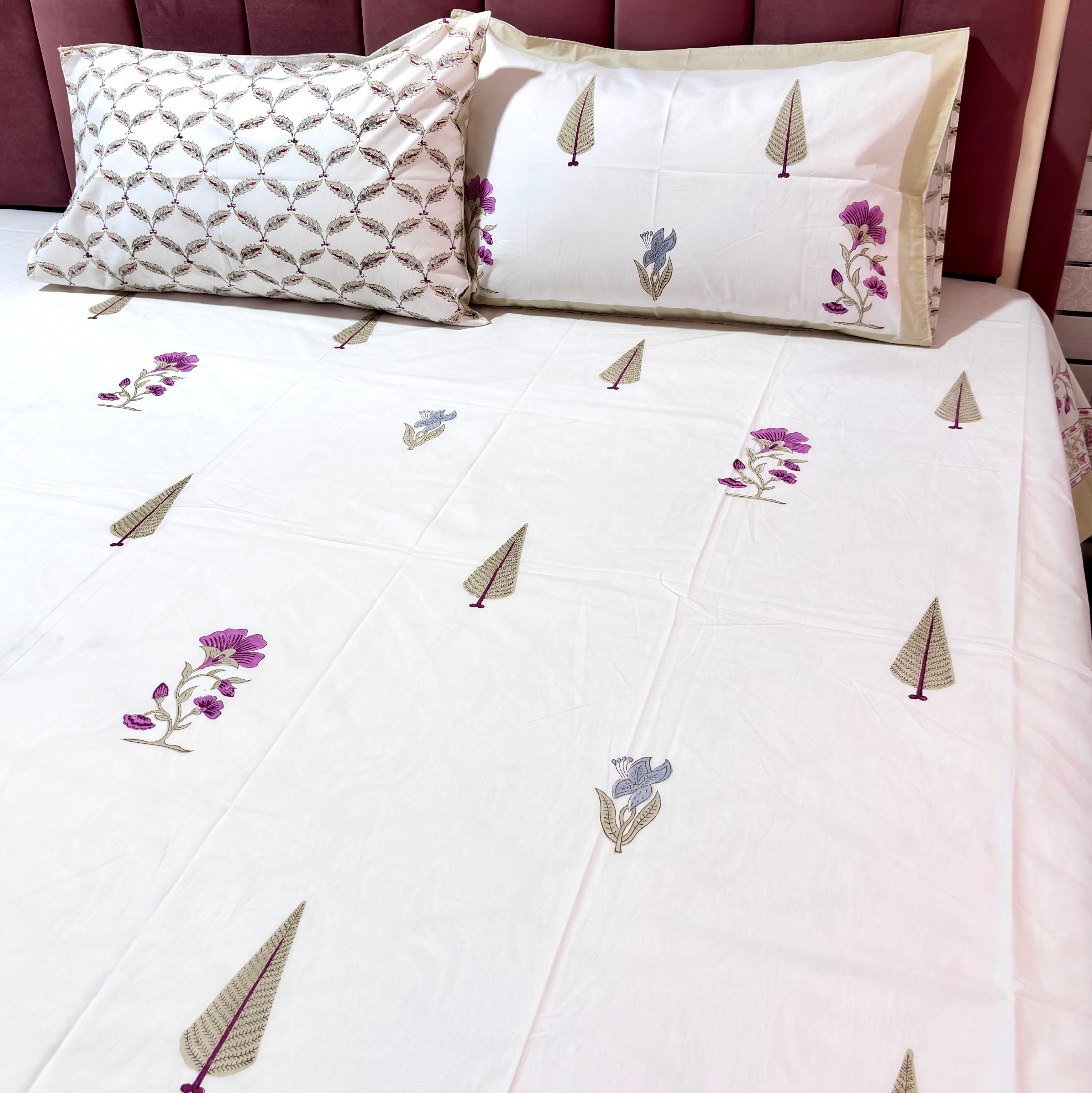 White Floral Cotton Bedsheet | Purple & Blue Flower Printed Bed Sheet | Elegant Indian Floral Bedding