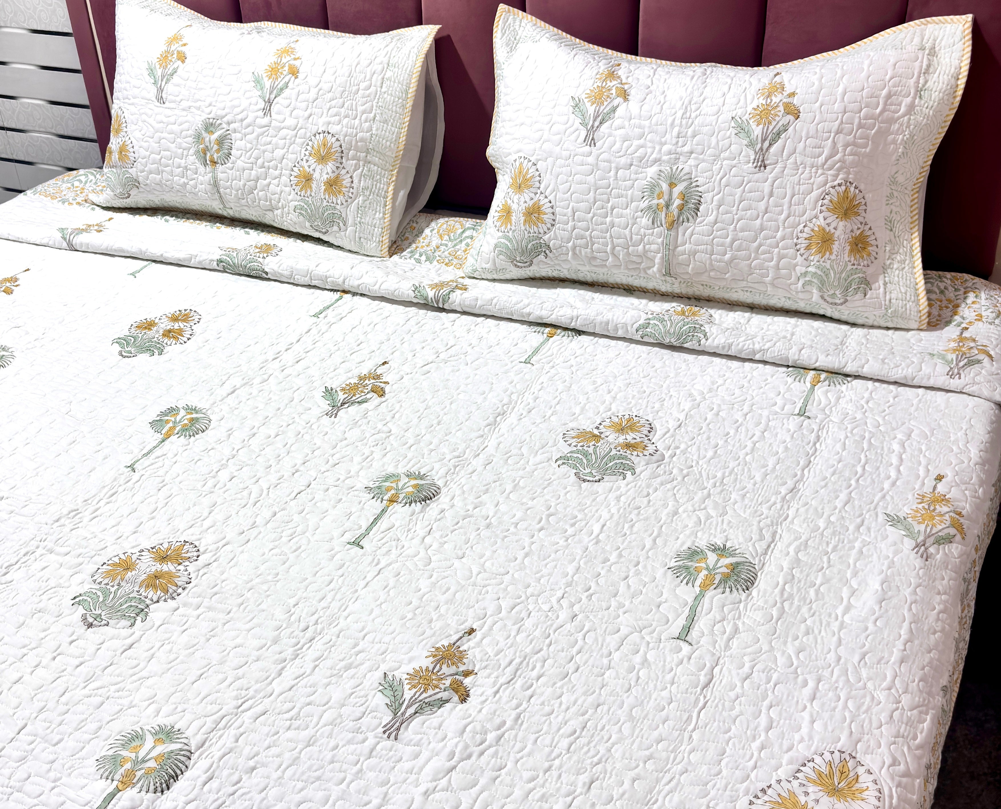 White Yellow Floral Quilted Bedcover | Cotton Bedspread | Hand Block Printed Handmade Bed Cover | Lightweight Floral Bedding