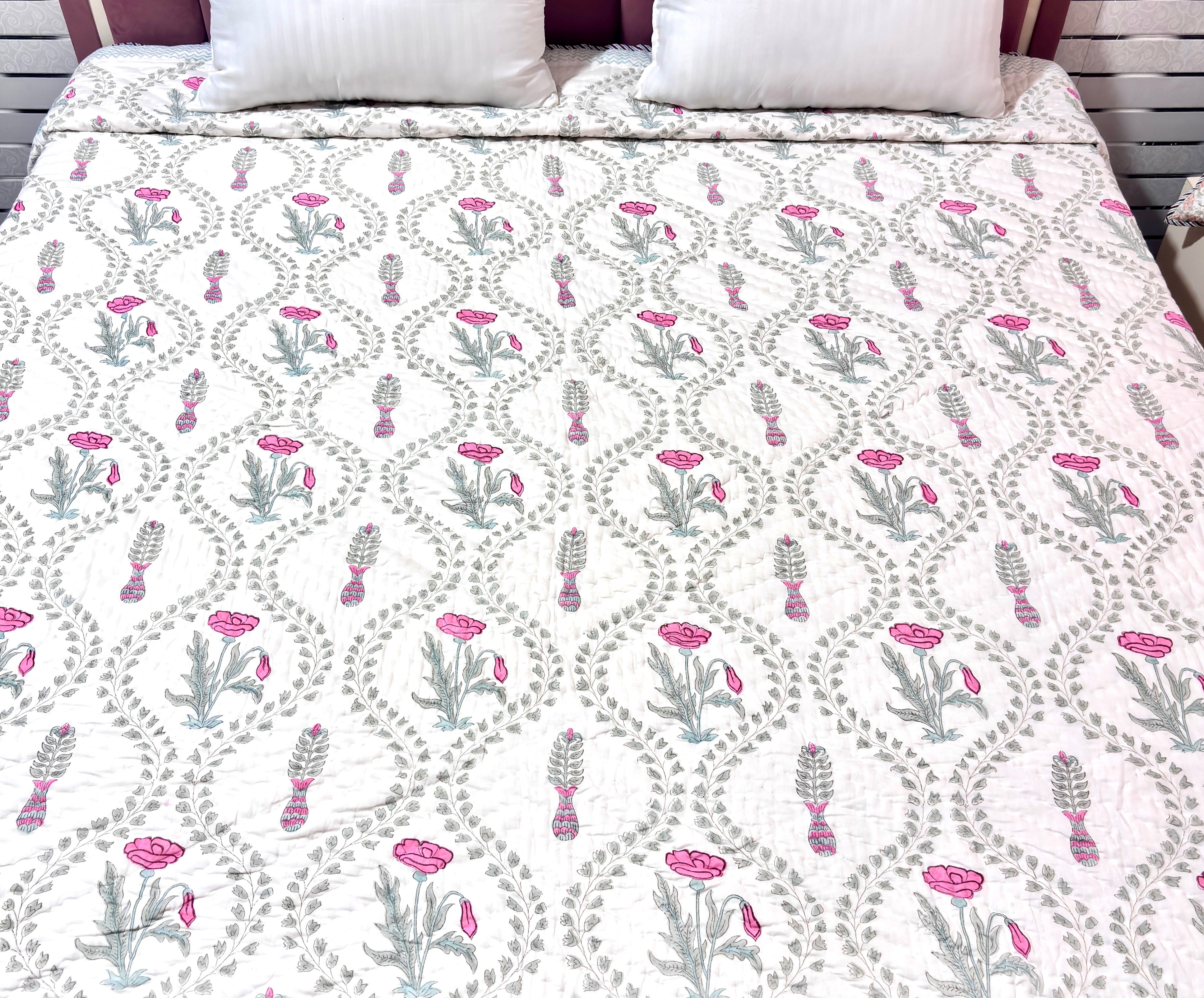 Pink Jal Floral Cotton Quilt | Quilted Bedspread | Hand Block Printed Handmade Quilt | Soft Lightweight Summer Bedding