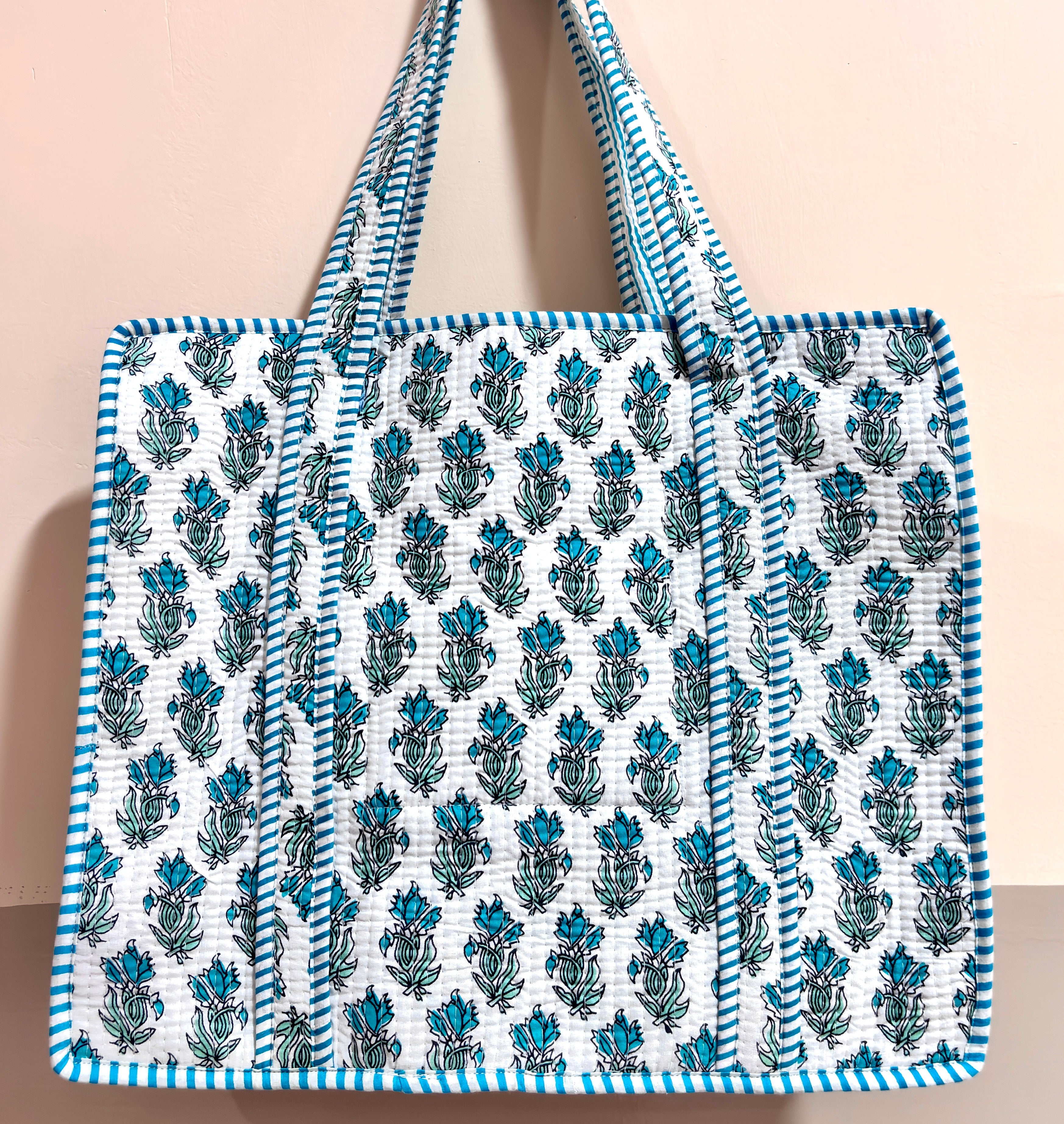 # Light Green Blue Floral Print Tote Bag | Cotton Hand Block Printed Reusable Shopping Bag | Handmade Fabric Tote