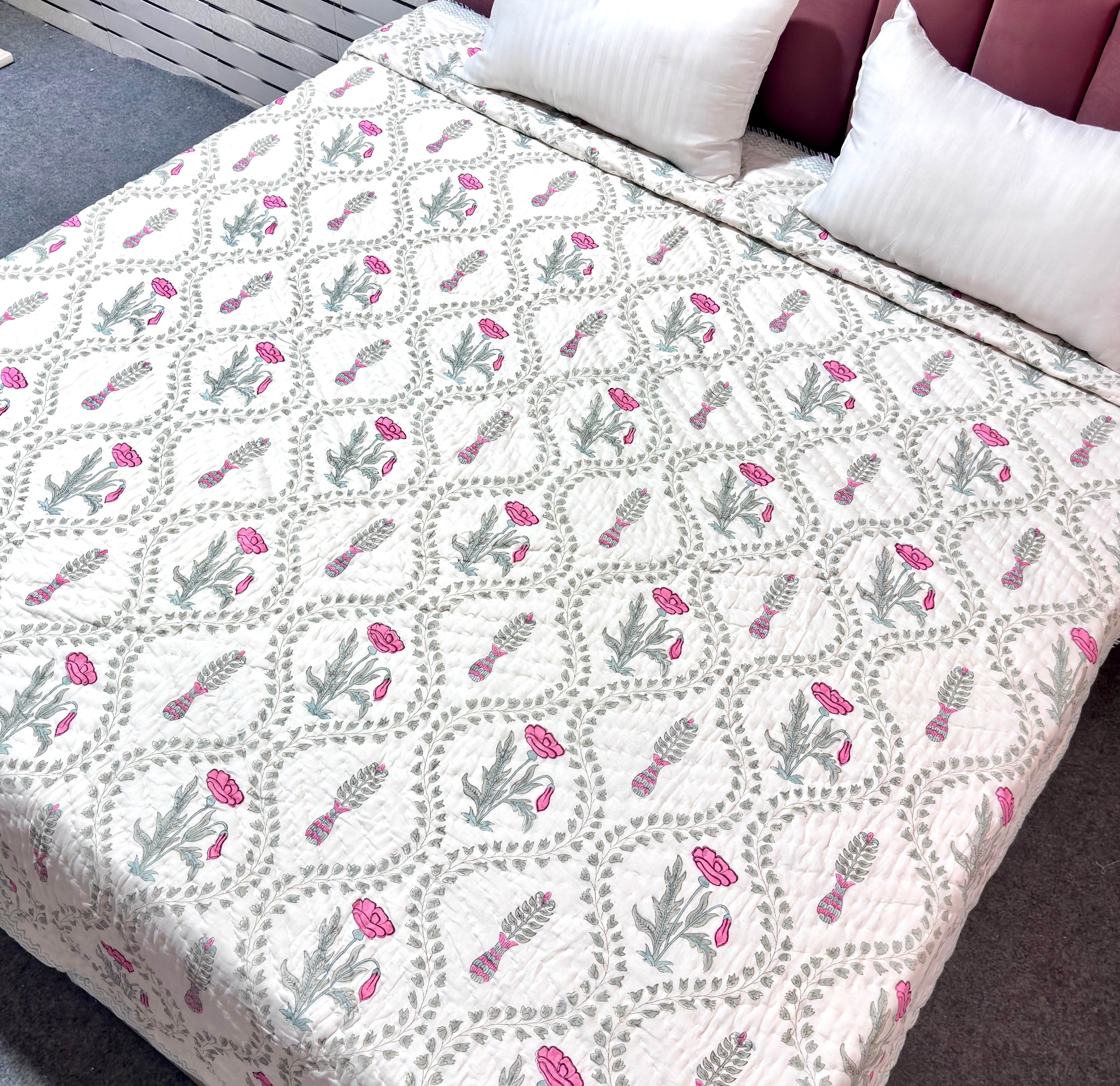 Pink Jal Floral Cotton Quilt | Quilted Bedspread | Hand Block Printed Handmade Quilt | Soft Lightweight Summer Bedding