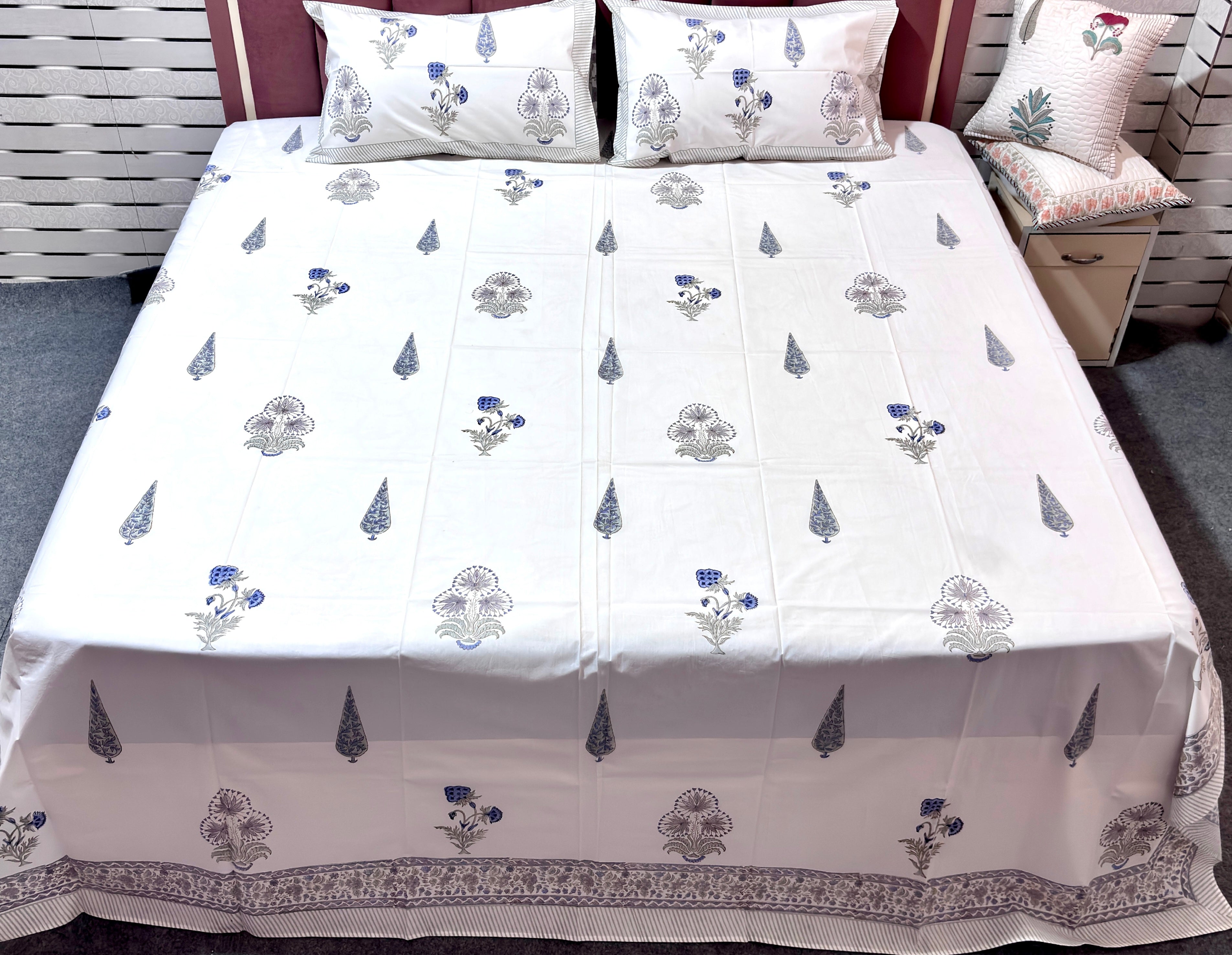 Hand Block Print Cotton Bedsheet Queen Size, Blue Floral Bedding Set, Handmade Indian Bed Linen, Luxury Bedroom Decor