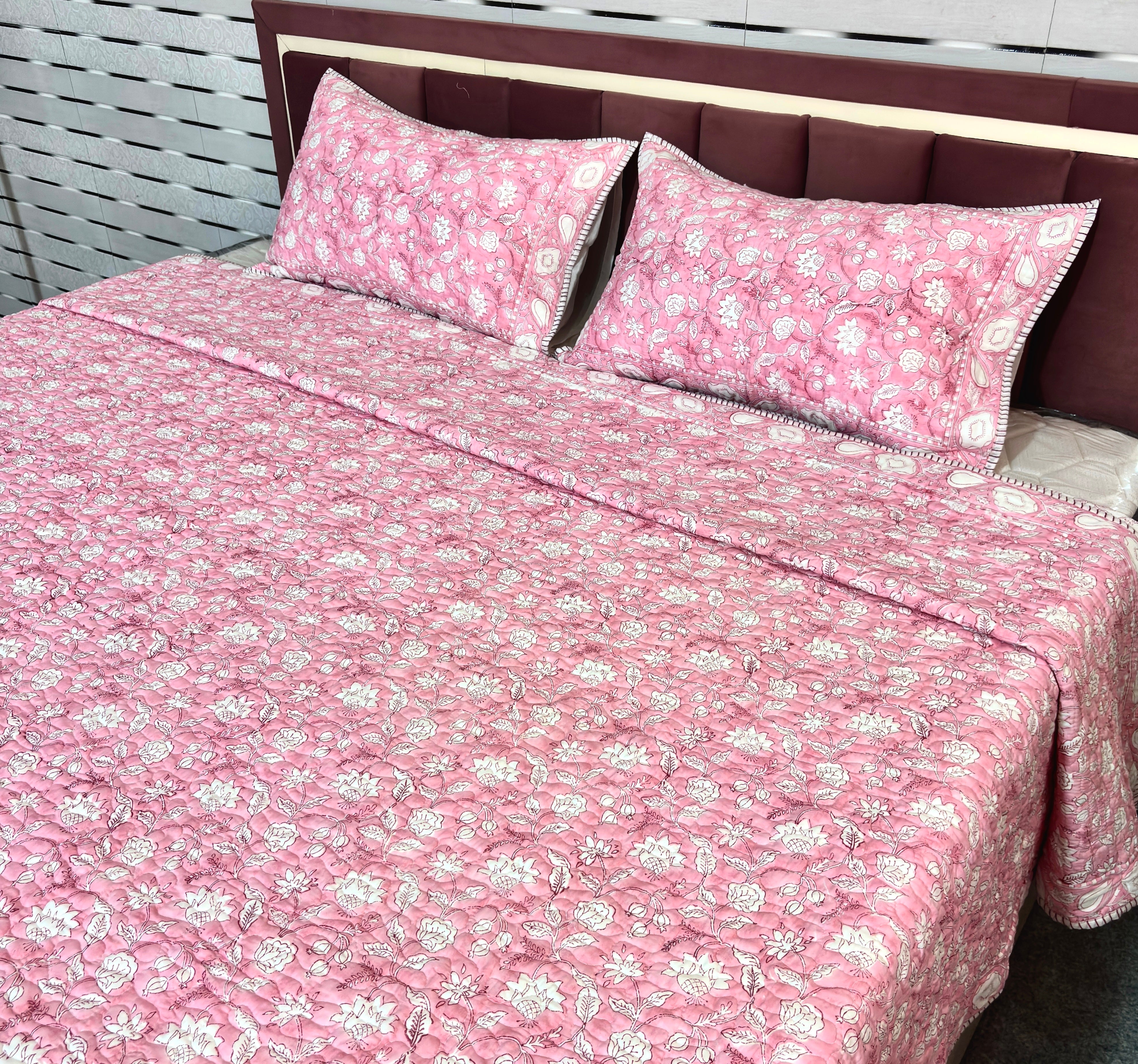 Pink Hand Block Print Cotton Bedcover Set | Floral Jaipuri Bedspread with Pillow Covers | Queen Size Bedding