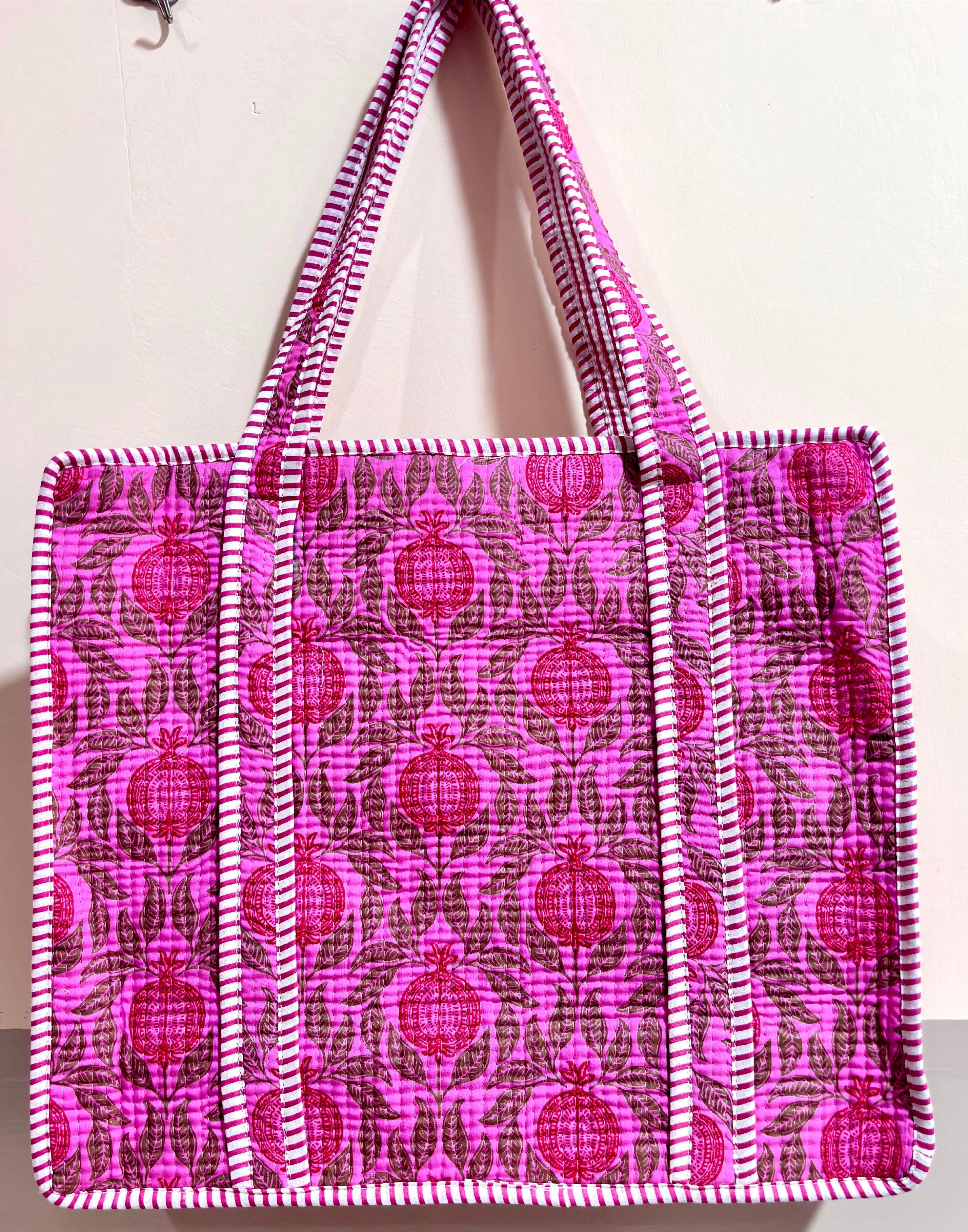 # Pink Floral Print Tote Bag | Pink Cotton Hand Block Printed Reusable Shopping Bag | Handmade Fabric Tote Bag