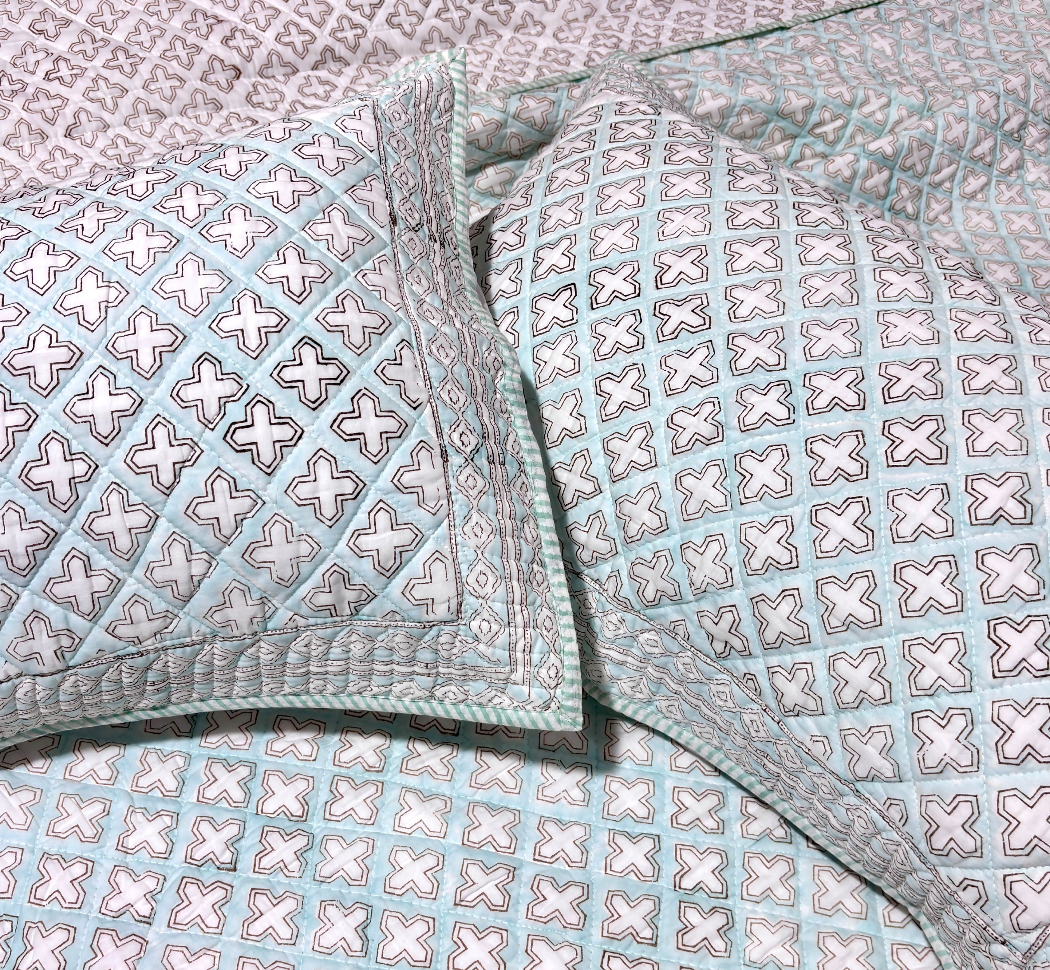 White Aqua Blue & Pink Geometric Quilted Bedcover | Cotton Bedspread | Hand Block Printed Handmade Bed Cover | Lightweight Bedding