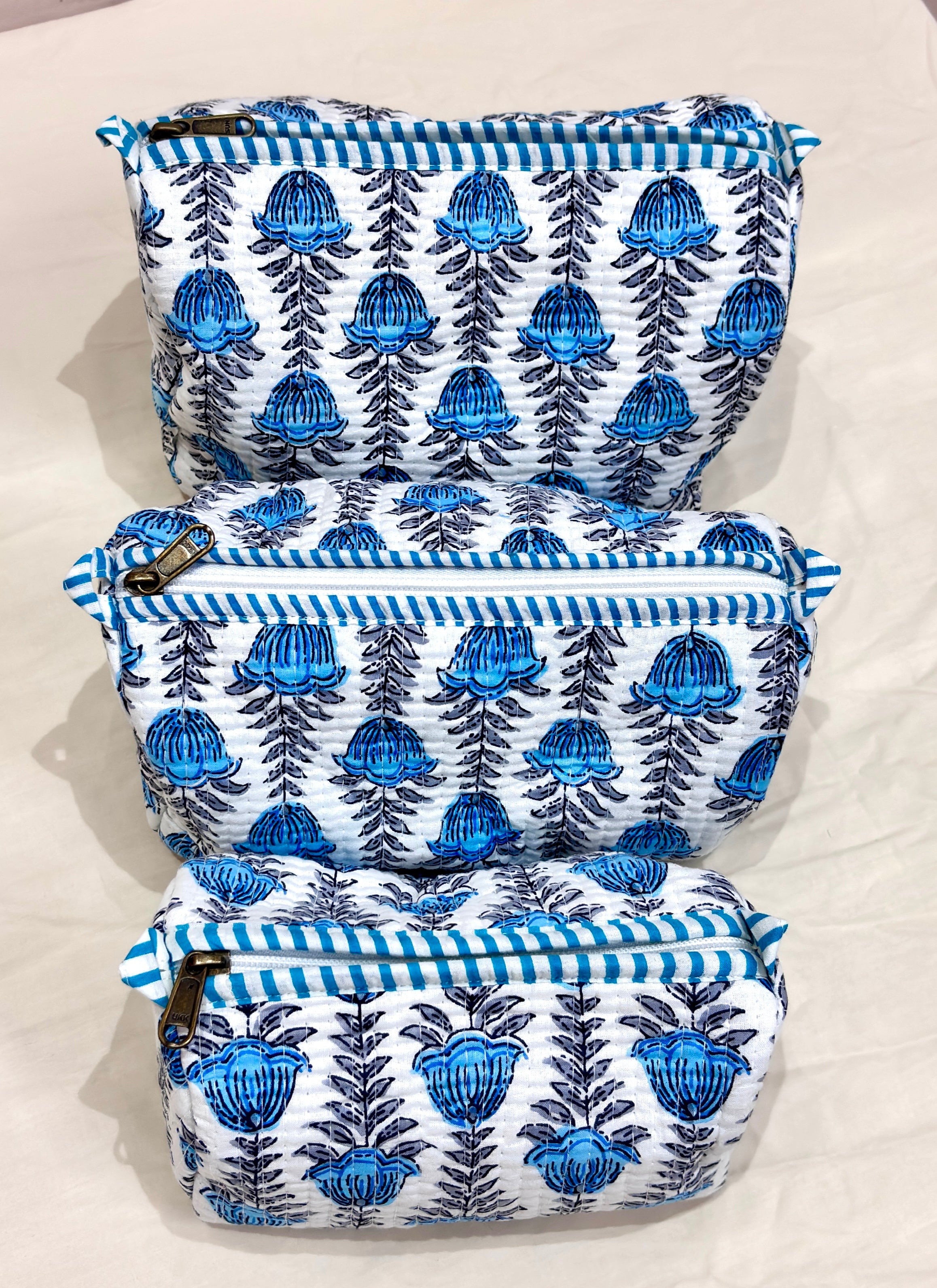 Blue Floral Print Tote Bag Set | Blue White Cotton Tote Bags | Hand Block Printed Reusable Shopping Bags