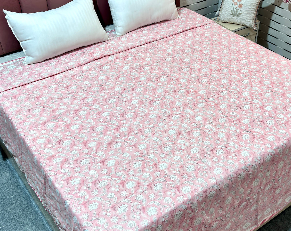 Pink Floral Cotton Dohar | Soft Printed Summer Blanket | Elegant Floral Double Bed Dohar | Lightweight Indian Bedding