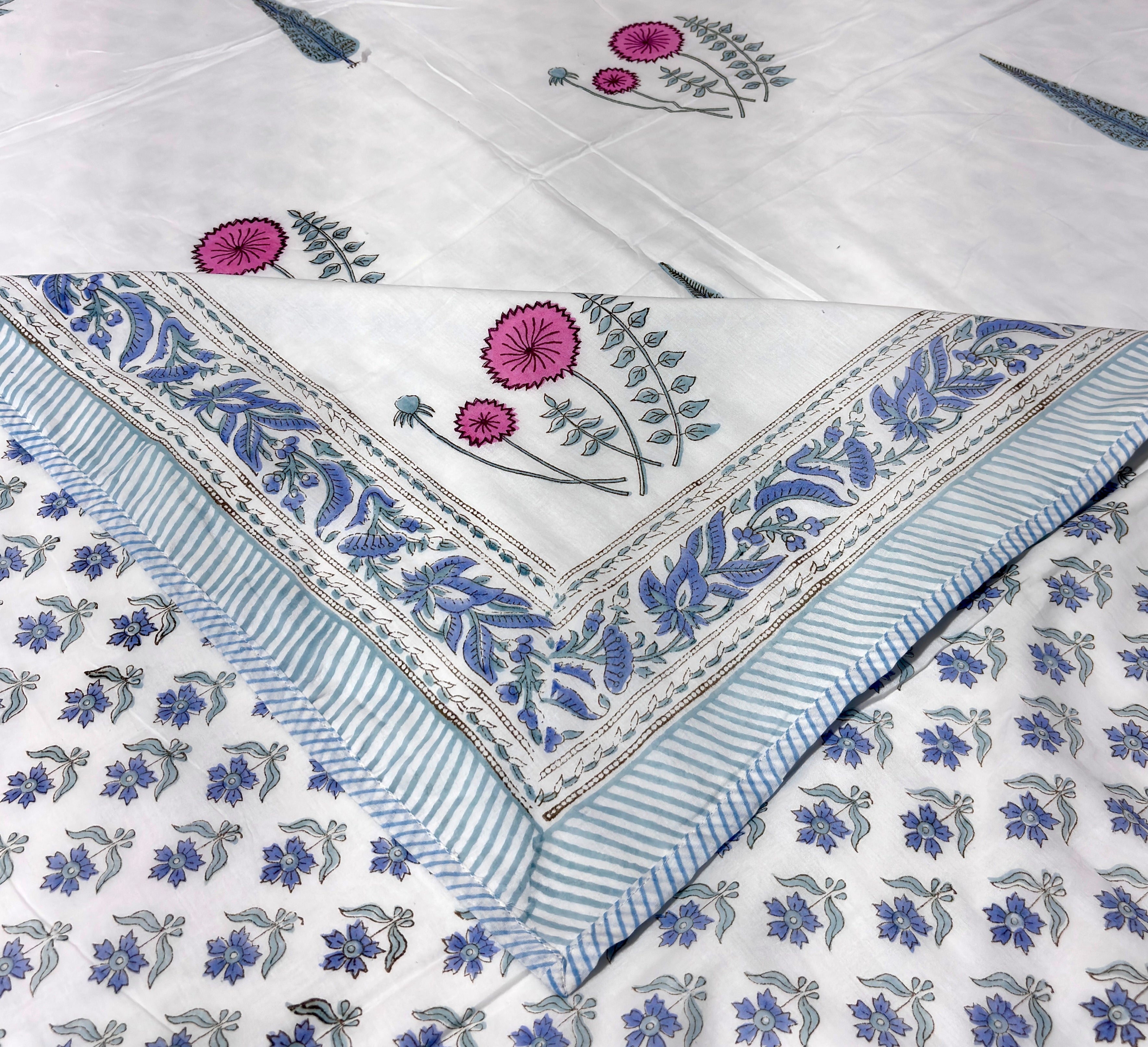 White Blue Floral Cotton Dohar | Soft Summer Dohar | Hand Block Printed Jaipuri Dohar | Lightweight AC Blanket | Handmade Bedding