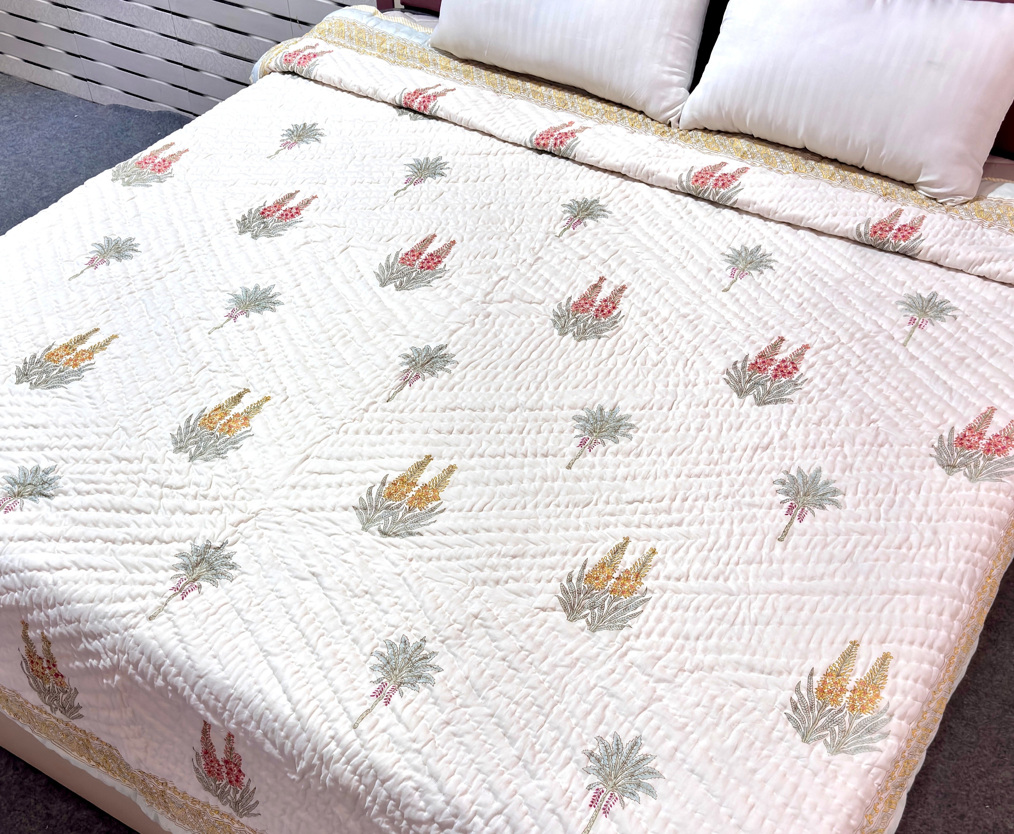 White Hand Block Printed Cotton Quilt | Botanical Floral Jaipuri Quilt | Soft Reversible All Season Bedspreads