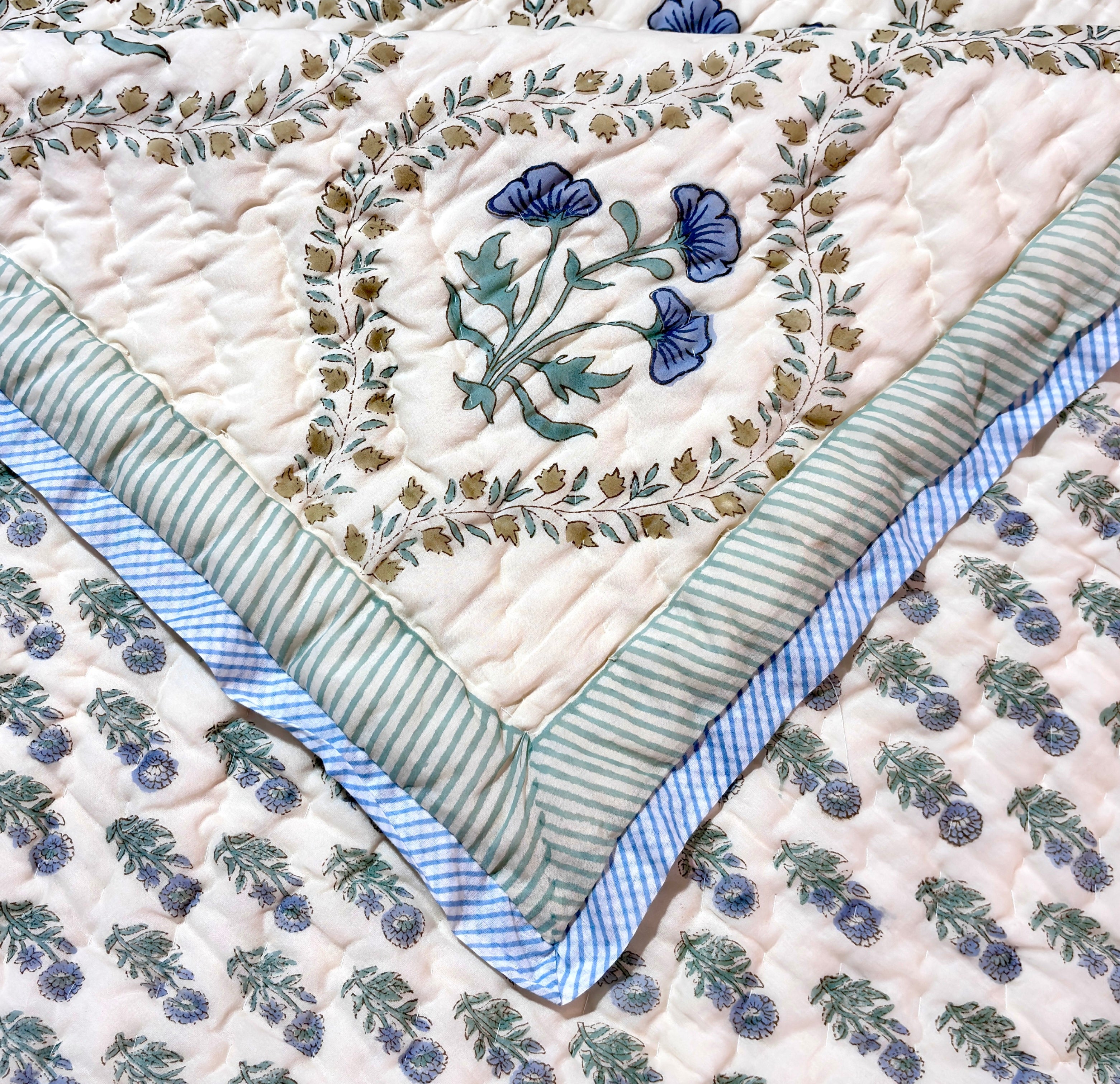 Blue Floral Cotton Quilt | Traditional Indian Flower Print Bed Quilt | Soft Cotton Bedspread | Handmade Bedding
