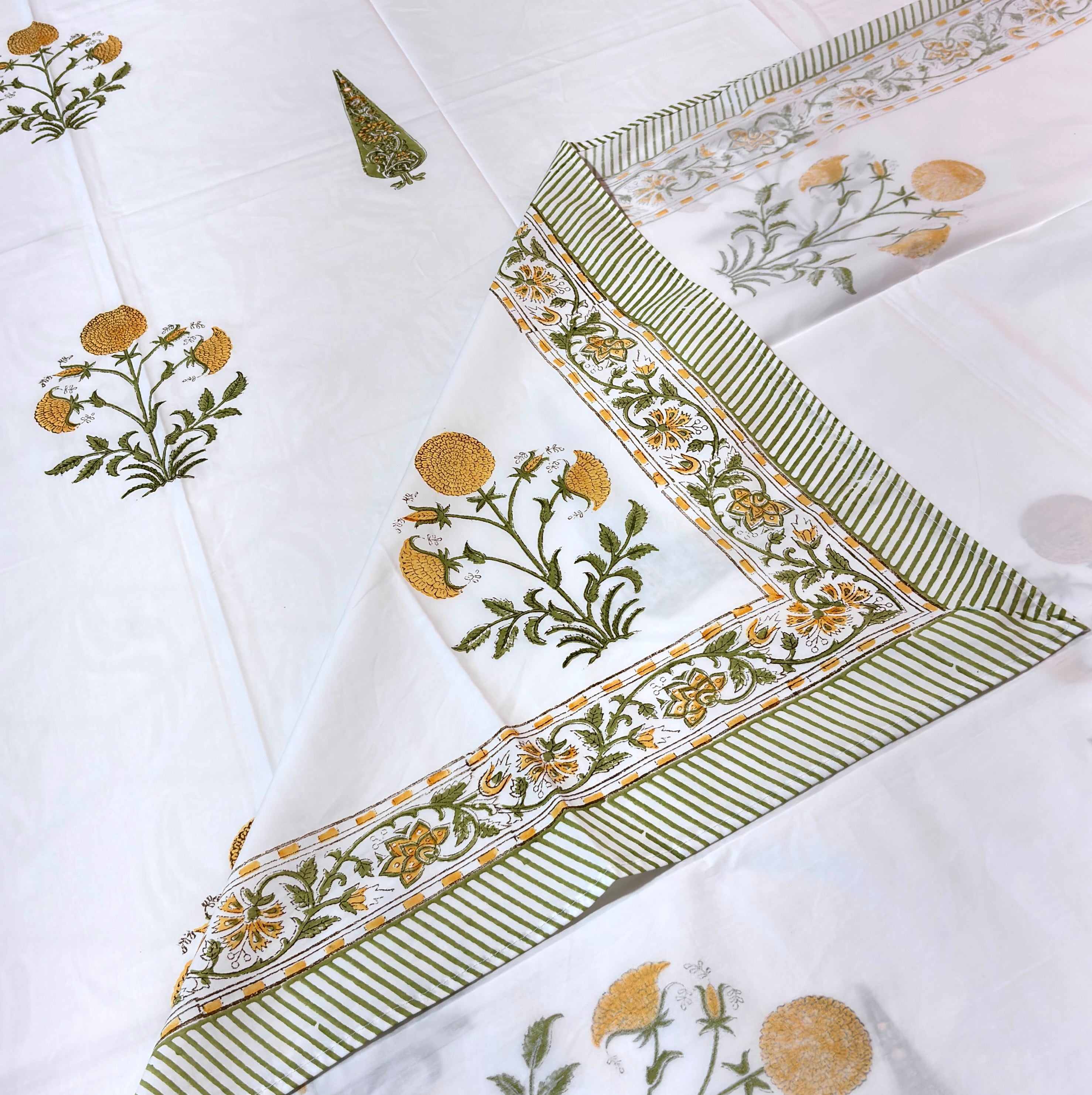 Hand Block Print Cotton Bedsheet Set, White Floral Bedding, Indian Block Printed Sheet with Matching Pillow Covers, Boho Home Decor