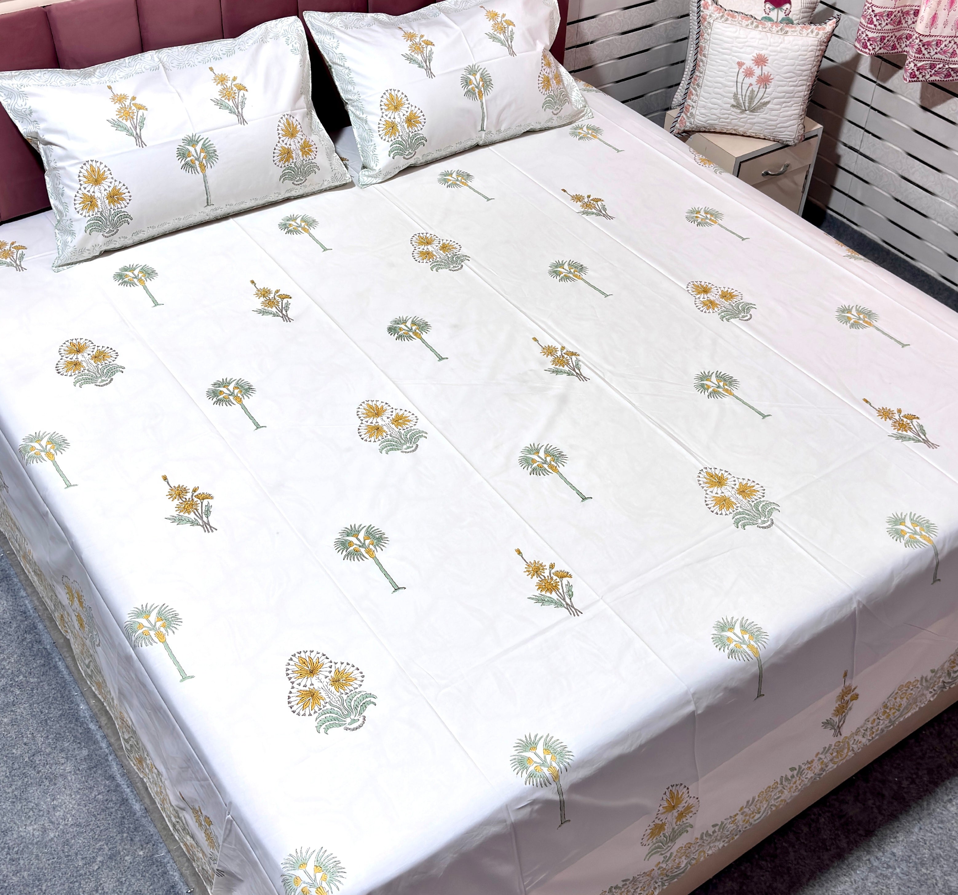 Yellow floral handblock printed king size bedsheet