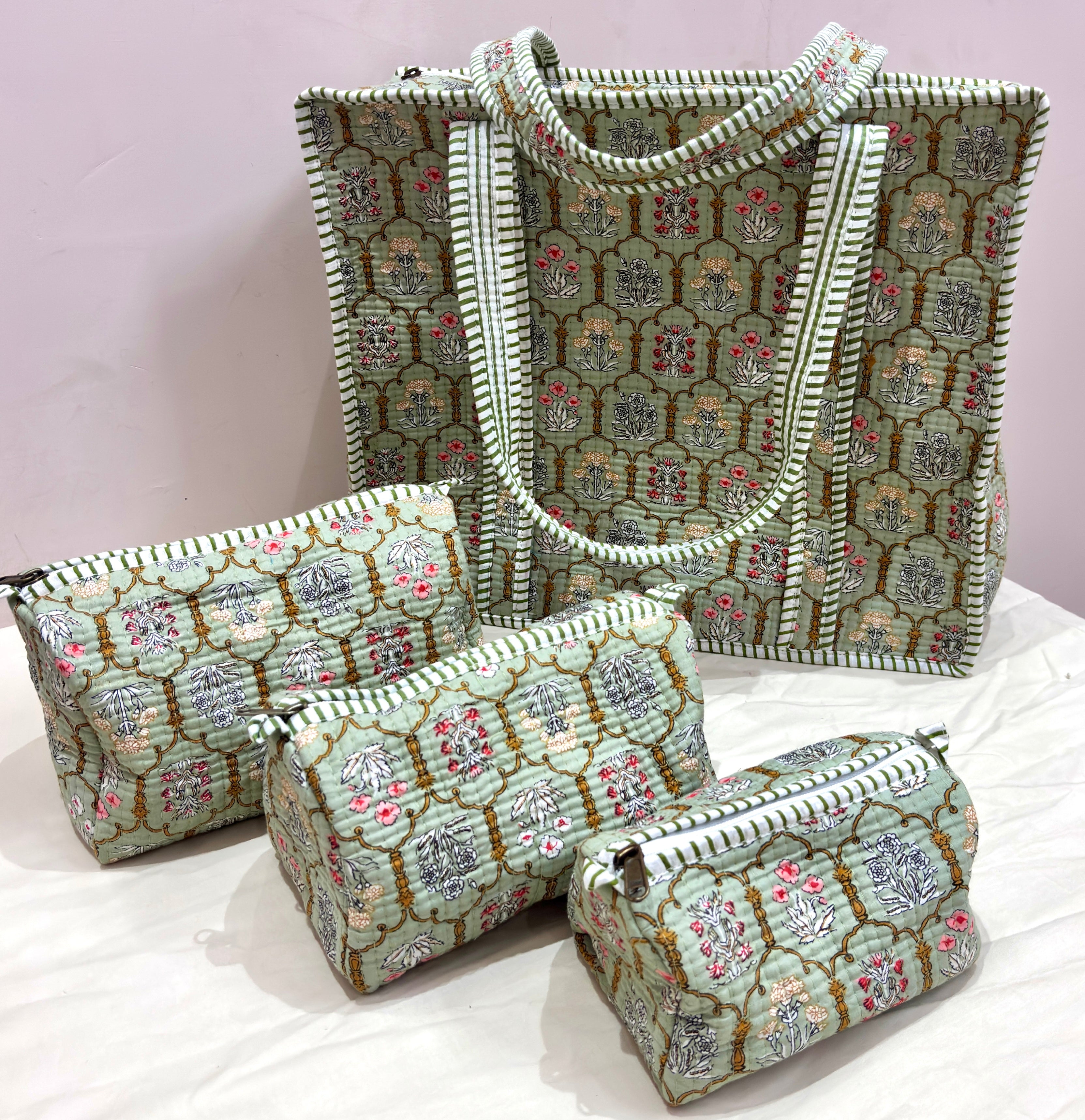 # Green Floral Print Tote Bag | Green Cotton Hand Block Printed Reusable Shopping Bag | Handmade Fabric Tote Bag
