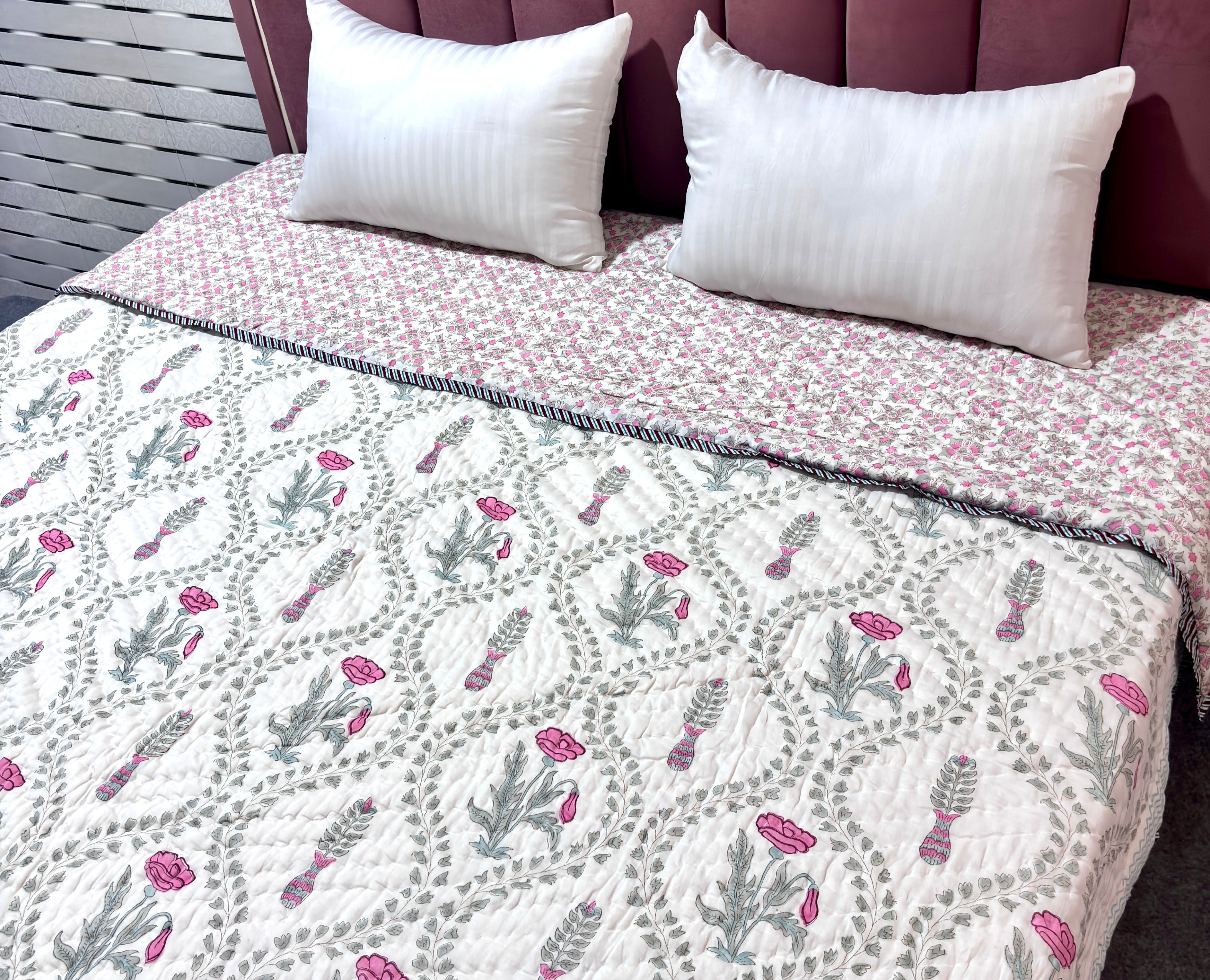 Pink Jal Floral Cotton Quilt | Quilted Bedspread | Hand Block Printed Handmade Quilt | Soft Lightweight Summer Bedding