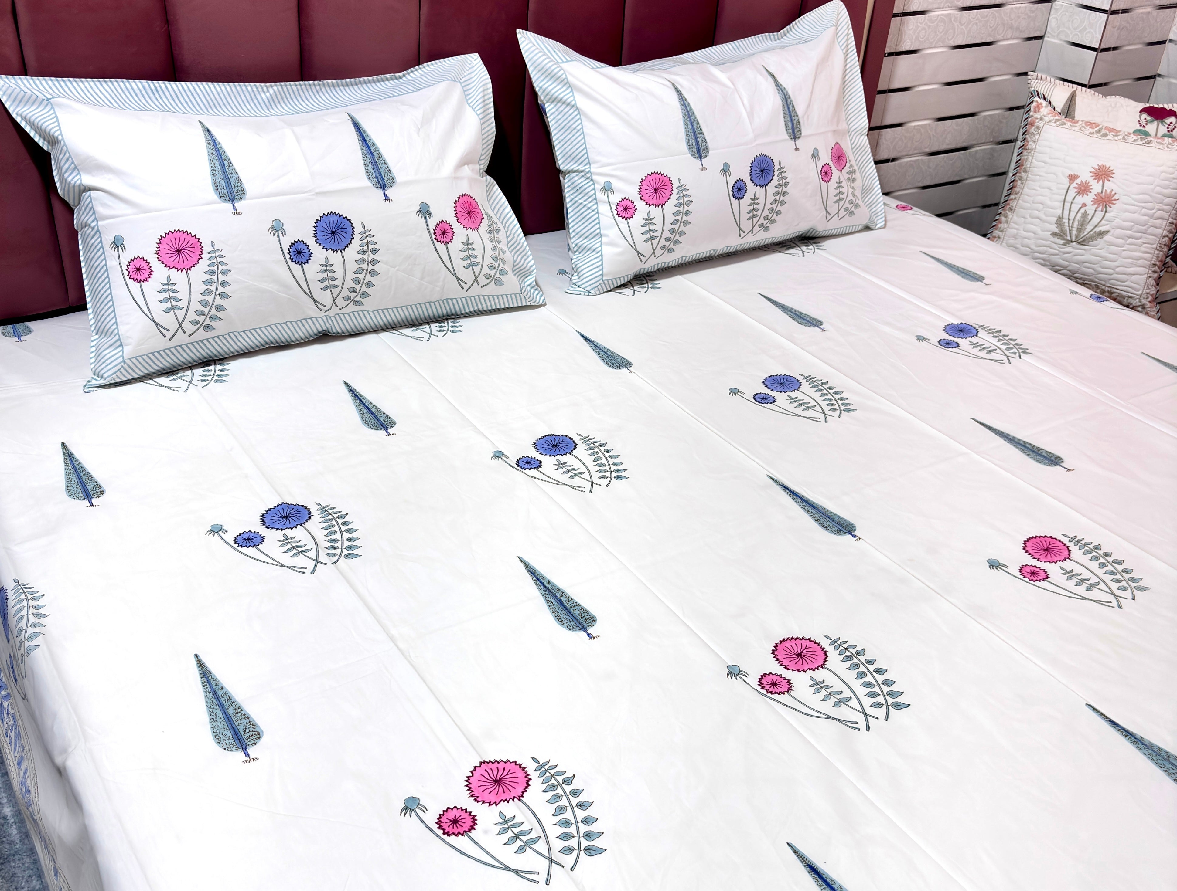 Blue Pink Floral Print Cotton Bedsheet | Hand Block Printed Double Bed Sheet | White Botanical Bedsheet | 108 x 108 Inch