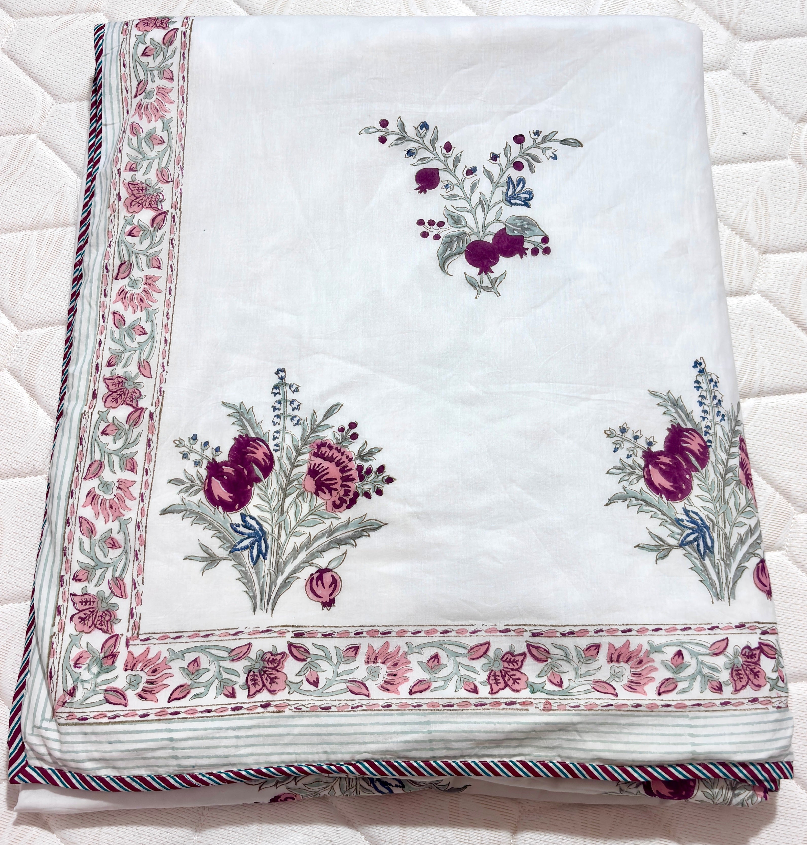 Floral Hand Block Print Cotton Dohar, Lightweight Summer Blanket, Reversible AC Dohar, Indian Cotton Throw, Handmade Bedding